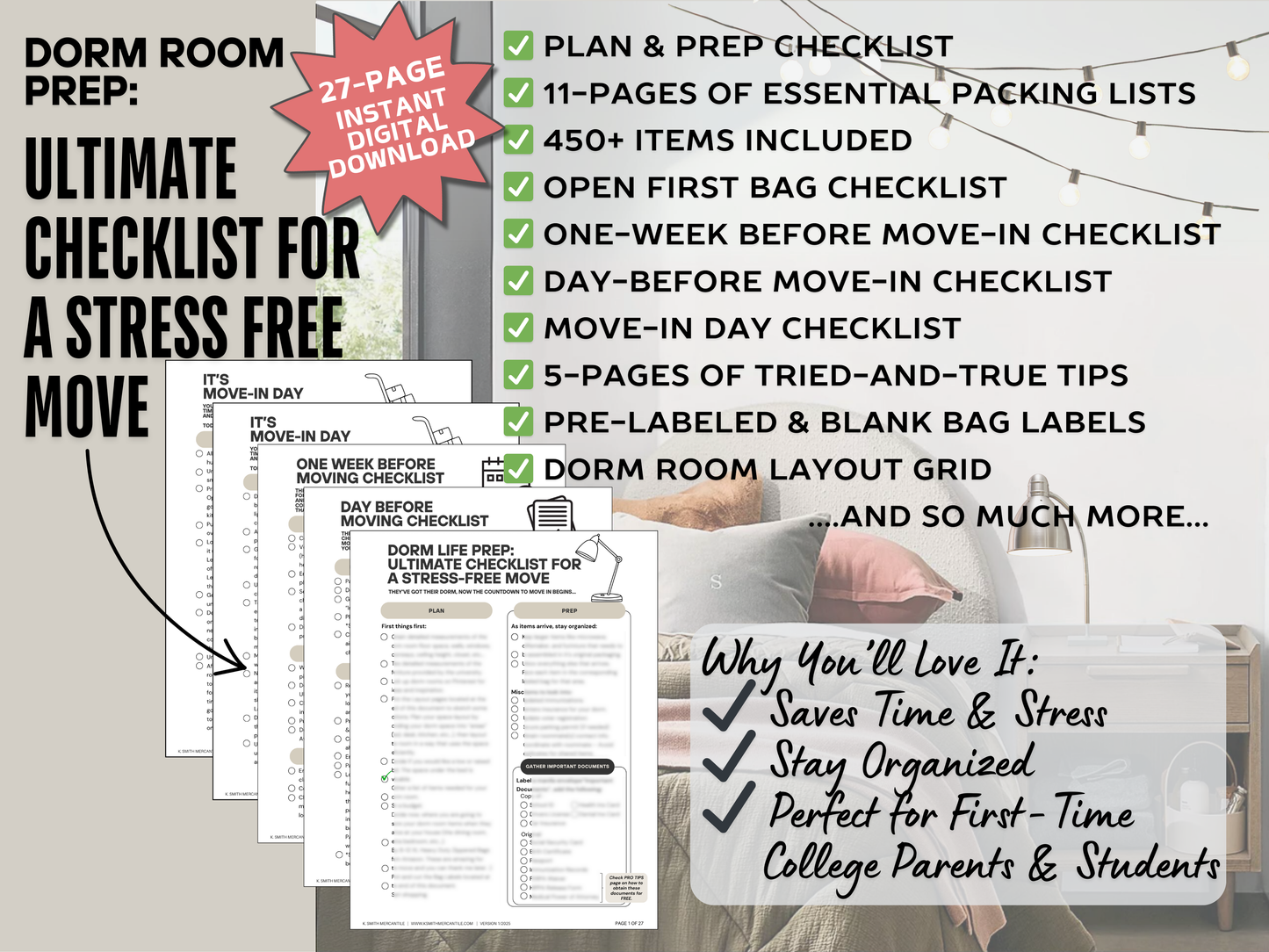 Dorm Room Prep: Ultimate Checklist For a Stress Free Move (Digital Download)