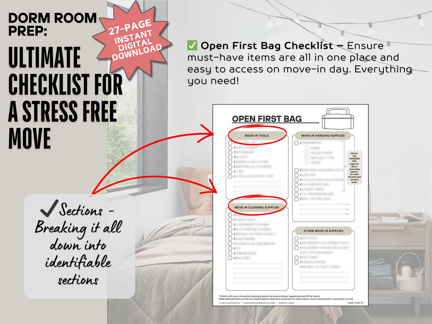 Dorm Room Prep: Ultimate Checklist For a Stress Free Move (Digital Download)