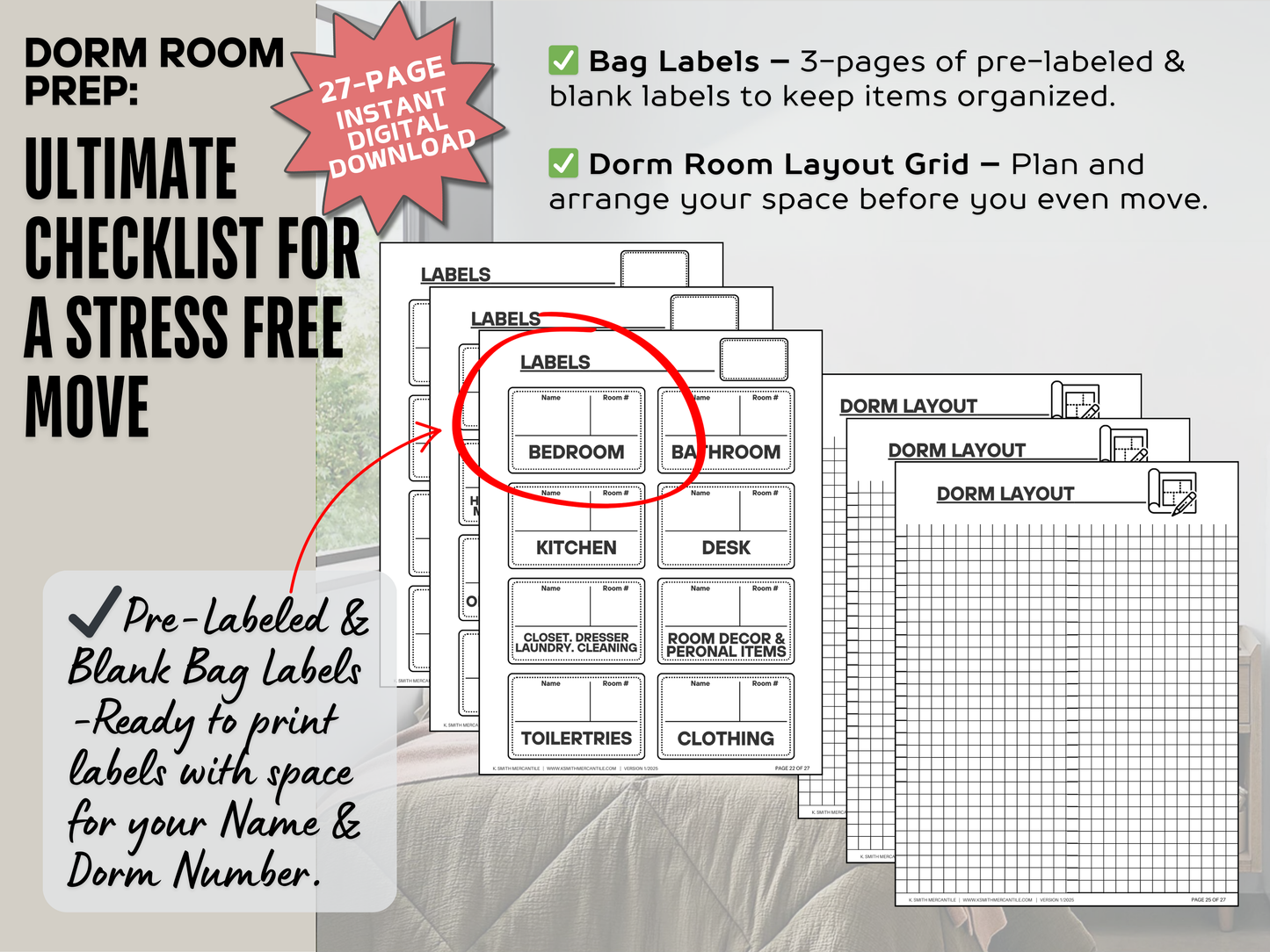 Dorm Room Prep: Ultimate Checklist For a Stress Free Move (Digital Download)